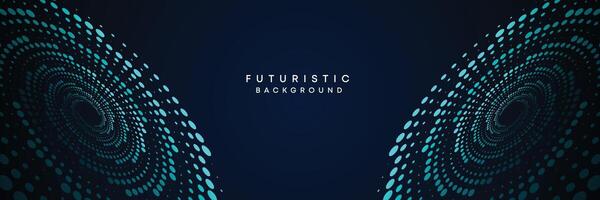 Dark blue digital technology banner gradient web background. Blue abstract waving lines and halftone circles frame glowing geometric diagonal pattern business background for brochure, cover, header vector