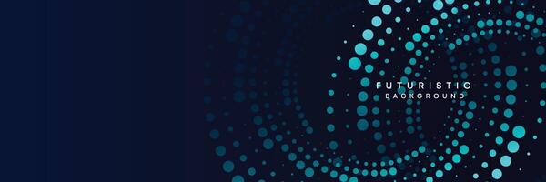 Dark blue digital technology banner gradient web background. Blue abstract waving lines and halftone circles frame glowing geometric diagonal pattern business background for brochure, cover, header vector