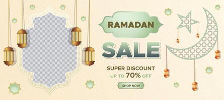 Ramadan Kareem Super Sale Web Banner Background with Blank Space for The Photo. Ramadan Big Sale Promotion Poster and Social Media Post. Elegant Islamic Special Promotion Banner Design Template vector