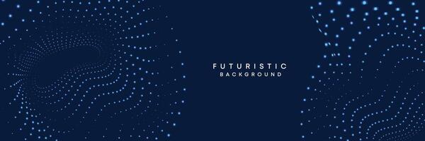 Dark blue digital technology banner gradient web background. Blue abstract waving lines and halftone circles frame glowing geometric diagonal pattern business background for brochure, cover, header vector