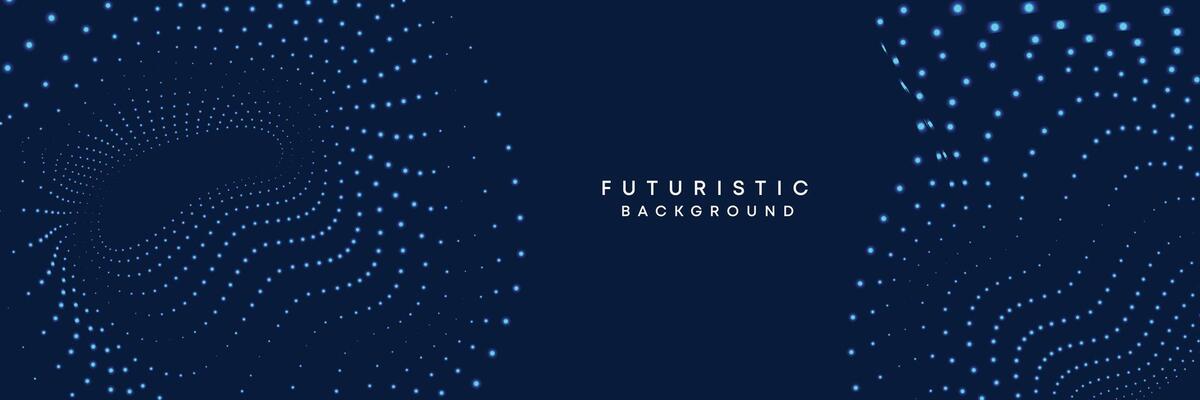 Dark blue digital technology banner gradient web background. Blue abstract waving lines and halftone circles frame glowing geometric diagonal pattern business background for brochure, cover, header