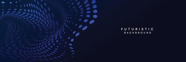 Dark blue digital technology banner gradient web background. Blue abstract waving lines and halftone circles frame glowing geometric diagonal pattern business background for brochure, cover, header vector