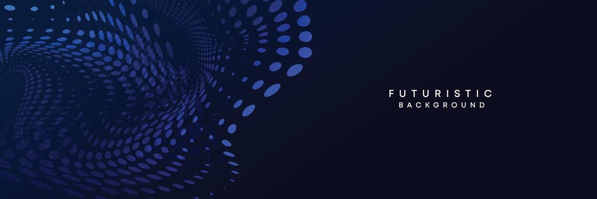 Dark blue digital technology banner gradient web background. Blue abstract waving lines and halftone circles frame glowing geometric diagonal pattern business background for brochure, cover, header