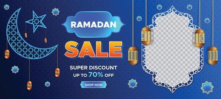 Ramadan Kareem Super Sale Web Banner Background with Blank Space for The Photo. Ramadan Big Sale Promotion Poster and Social Media Post. Elegant Islamic Special Promotion Banner Design Template vector