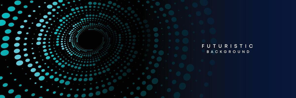 Dark blue digital technology banner gradient web background. Blue abstract waving lines and halftone circles frame glowing geometric diagonal pattern business background for brochure, cover, header