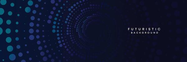 Dark blue digital technology banner gradient web background. Blue abstract waving lines and halftone circles frame glowing geometric diagonal pattern business background for brochure, cover, header vector