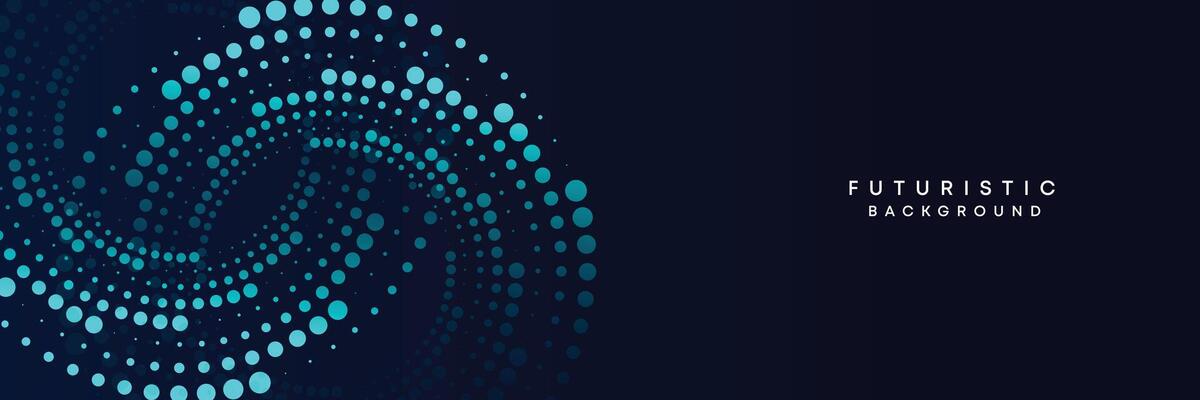 Dark blue digital technology banner gradient web background. Blue abstract waving lines and halftone circles frame glowing geometric diagonal pattern business background for brochure, cover, header