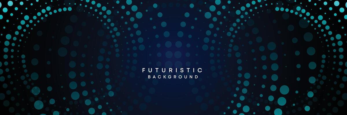 Dark blue digital technology banner gradient web background. Blue abstract waving lines and halftone circles frame glowing geometric diagonal pattern business background for brochure, cover, header