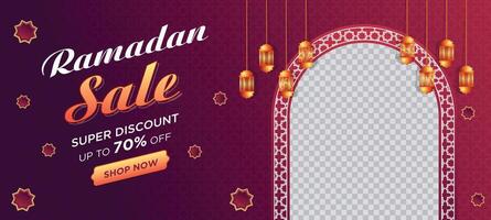 Ramadan Kareem Super Sale Web Banner Background with Blank Space for The Photo. Ramadan Big Sale Promotion Poster and Social Media Post. Elegant Islamic Special Promotion Banner Design Template vector