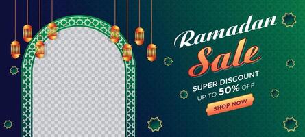 Ramadan Kareem Super Sale Web Banner Background with Blank Space for The Photo. Ramadan Big Sale Promotion Poster and Social Media Post. Elegant Islamic Special Promotion Banner Design Template vector