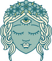 iconic tattoo style image of female face with third eye and crown of flowers png