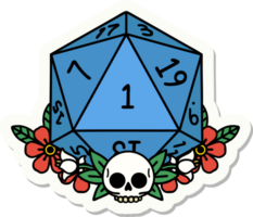 sticker of a natural one dice roll with floral elements png