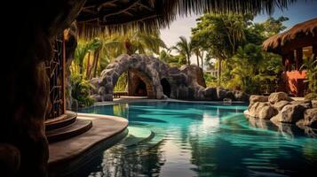 ai generado tropical recurso piscina con tejado de paja cabaña y palmas foto
