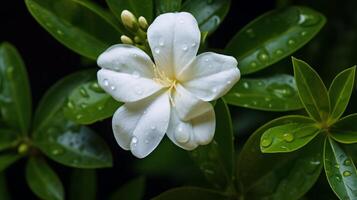 ai generado blanco tiaré flor con gotas de lluvia en pétalos foto