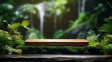 AI generated Wooden Podium With Forest Waterfall Background photo