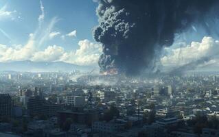 AI generated Catastrophic Explosion Devastates Urban Landscape with City Skyline in View photo