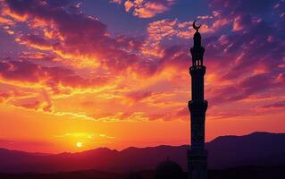 ai generado puesta del sol mezquita silueta foto