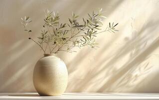 AI generated Textured Wall Background with Olive Branch in Ceramic Vase and Shadows photo