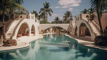 AI generated Tropical Resort Pool with Thatched Cabana and Palms photo