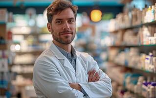 ai generado sonriente masculino farmacéutico en blanco Saco foto