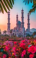 AI generated Thriving Garden and Exalted Mosque at Sunrise photo