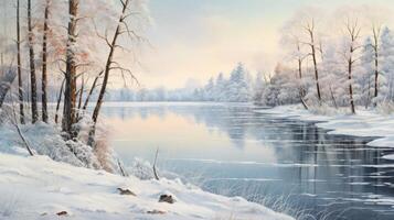 AI generated Winter Wonderland, Snowy Forest Beside a Frozen Lake photo