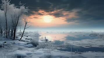 ai generado invierno mundo maravilloso, Nevado bosque junto a un congelado lago foto