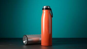 AI generated Stainless Steel Insulated Water Bottles on Table photo