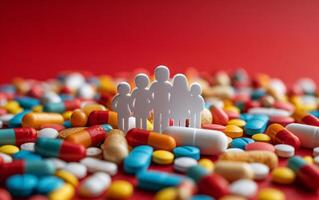 AI generated Conceptualizing Family Health Paper Cutouts and Assorted Medication Set on Red Background photo