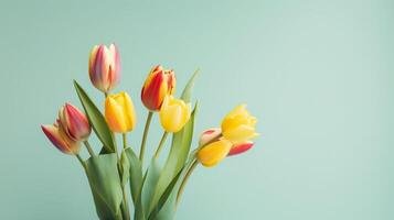 AI generated Vibrant Tulips in Vase Against Teal Background photo