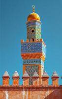 AI generated The complex designs of a minaret tower are prominent against the backdrop of a clear blue sky photo