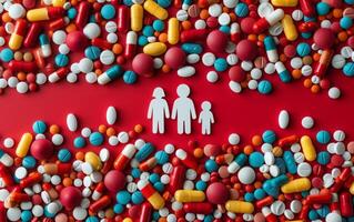 AI generated Capturing Family Health Paper Cutouts and Various Medications Displayed on Red Background photo