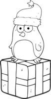 hand drawn black and white cartoon robin on present png