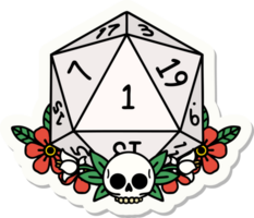 sticker of a natural one dice roll with floral elements png