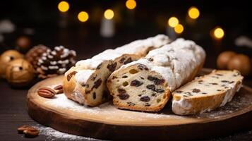 AI generated Christmas Stollen Bread with Festive Decorations photo