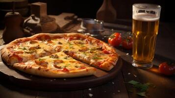 AI generated Pizza and Beer on Wooden Table photo