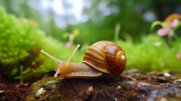 AI generated Snail on Soil with Green Leaves photo