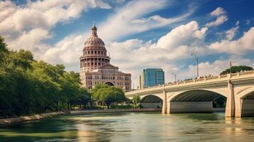 ai generado puesta de sol ver de Capitolio edificio y puente foto