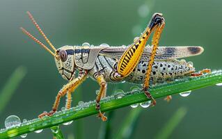 ai generado un arriba cerca ver de un saltamontes, destacando sus brillante patrones foto