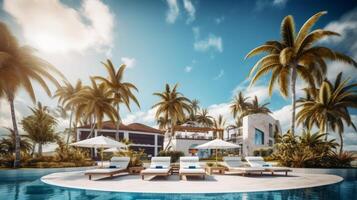 AI generated Beachside Resort Pool with Sun Loungers and Umbrellas photo