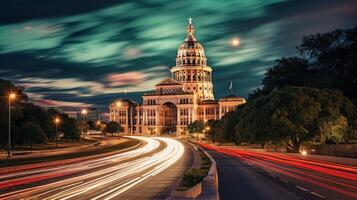 AI generated Sunset View of Capitol Building and Bridge photo