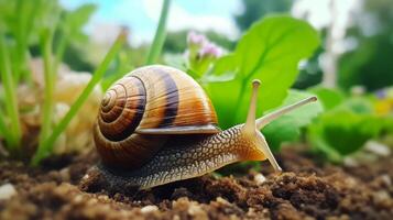 ai generado caracol en suelo con verde hojas foto