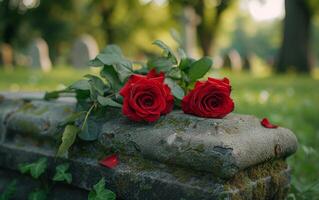 AI generated A somber picture of crimson roses resting on a dilapidated grave photo