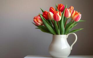 AI generated Glowing Tulips Positioned in a Classic White Pitcher on a Radiant Day photo