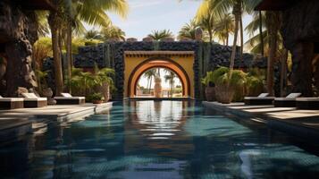 AI generated Tropical Resort Pool with Thatched Cabana and Palms photo