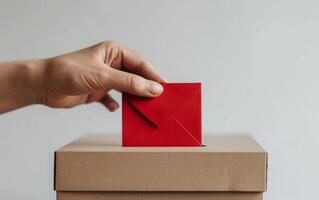 The detailed view of a hand in a red pullover placing a red envelope into a ballot receptacle photo