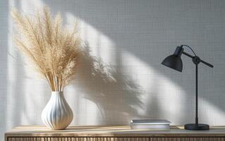 AI generated Chic Lamp and Sunlit Pampas Grass Perfectly Placed on Wooden Sideboard photo