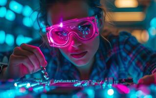 AI generated Woman Using Neon Pink Safety Goggles to Solder Circuit Board photo