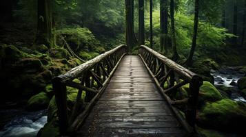 ai generado bosque puente terminado el río fluir foto