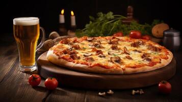 AI generated Pizza and Beer on Wooden Table photo